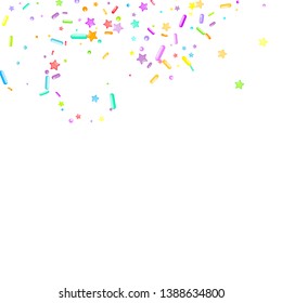Sprinkles grainy. Cupcake donuts, dessert, sugar, bakery background. Sweet confetti on white chocolate glaze background. Vector Illustration sprinkles holiday designs, party, birthday, invitation.
