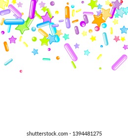 Sprinkles grainy. Cupcake donuts, dessert, sugar, bakery background. Sweet confetti on white chocolate glaze background. Vector Illustration sprinkles holiday designs, party, birthday, invitation.