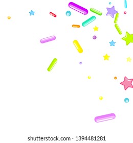 Sprinkles grainy. Cupcake donuts, dessert, sugar, bakery background. Sweet confetti on white chocolate glaze background. Vector Illustration sprinkles holiday designs, party, birthday, invitation.