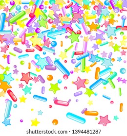 Sprinkles grainy. Cupcake donuts, dessert, sugar, bakery background. Sweet confetti on white chocolate glaze background. Vector Illustration sprinkles holiday designs, party, birthday, invitation.