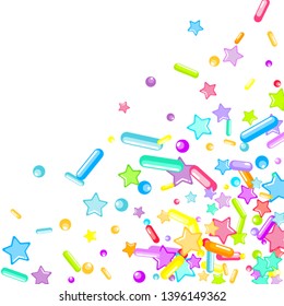 Sprinkles grainy. Cupcake donuts, dessert, sugar, bakery background. Sweet confetti on white chocolate glaze background. Vector Illustration sprinkles holiday designs, party, birthday, invitation.