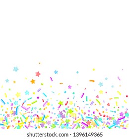 Sprinkles grainy. Cupcake donuts, dessert, sugar, bakery background. Sweet confetti on white chocolate glaze background. Vector Illustration sprinkles holiday designs, party, birthday, invitation.