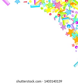 Sprinkles grainy. Cupcake donuts, dessert, sugar, bakery background. Sweet confetti on white chocolate glaze background. Vector Illustration sprinkles holiday designs, party, birthday, invitation.