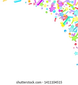 Sprinkles grainy. Cupcake donuts, dessert, sugar, bakery background. Sweet confetti on white chocolate glaze background. Vector Illustration sprinkles holiday designs, party, birthday, invitation.