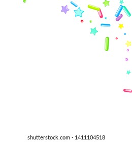 Sprinkles grainy. Cupcake donuts, dessert, sugar, bakery background. Sweet confetti on white chocolate glaze background. Vector Illustration sprinkles holiday designs, party, birthday, invitation.