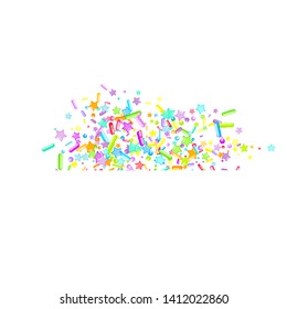 Sprinkles grainy. Cupcake donuts, dessert, sugar, bakery background. Sweet confetti on white chocolate glaze background. Vector Illustration sprinkles holiday designs, party, birthday, invitation.