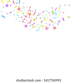 Sprinkles grainy. Cupcake donuts, dessert, sugar, bakery background. Sweet confetti on white chocolate glaze background. Vector Illustration sprinkles holiday designs, party, birthday, invitation.