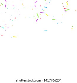Sprinkles grainy. Cupcake donuts, dessert, sugar, bakery background. Sweet confetti on white chocolate glaze background. Vector Illustration sprinkles holiday designs, party, birthday, invitation.