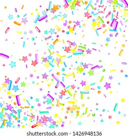 Sprinkles grainy. Cupcake donuts, dessert, sugar, bakery background. Sweet confetti on white chocolate glaze background. Vector Illustration sprinkles holiday designs, party, birthday, invitation.