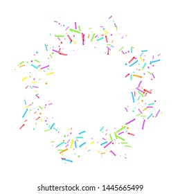 Sprinkles grainy. Cupcake donuts, dessert, sugar, bakery background. Sweet confetti on white chocolate glaze background. Vector Illustration sprinkles holiday designs, party, birthday, invitation.