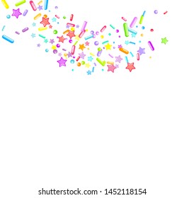 Sprinkles grainy. Cupcake donuts, dessert, sugar, bakery background. Sweet confetti on white chocolate glaze background. Vector Illustration sprinkles holiday designs, party, birthday, invitation.