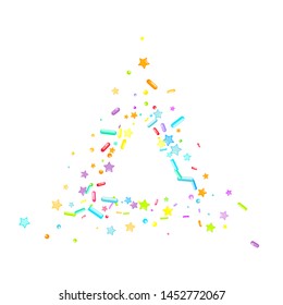 Sprinkles grainy. Cupcake donuts, dessert, sugar, bakery background. Sweet confetti on white chocolate glaze background. Vector Illustration sprinkles holiday designs, party, birthday, invitation.