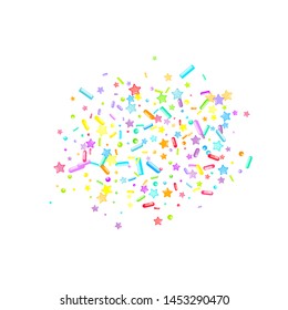 Sprinkles grainy. Cupcake donuts, dessert, sugar, bakery background. Sweet confetti on white chocolate glaze background. Vector Illustration sprinkles holiday designs, party, birthday, invitation.