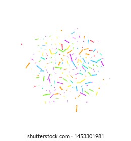 Sprinkles grainy. Cupcake donuts, dessert, sugar, bakery background. Sweet confetti on white chocolate glaze background. Vector Illustration sprinkles holiday designs, party, birthday, invitation.