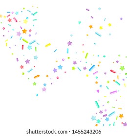 Sprinkles grainy. Cupcake donuts, dessert, sugar, bakery background. Sweet confetti on white chocolate glaze background. Vector Illustration sprinkles holiday designs, party, birthday, invitation.