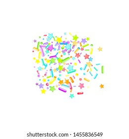 Sprinkles grainy. Cupcake donuts, dessert, sugar, bakery background. Sweet confetti on white chocolate glaze background. Vector Illustration sprinkles holiday designs, party, birthday, invitation.