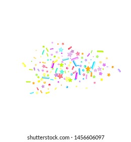 Sprinkles grainy. Cupcake donuts, dessert, sugar, bakery background. Sweet confetti on white chocolate glaze background. Vector Illustration sprinkles holiday designs, party, birthday, invitation.