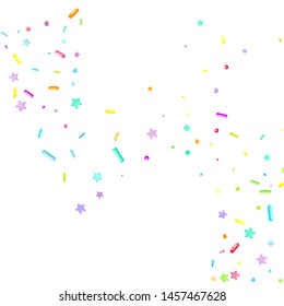 Sprinkles grainy. Cupcake donuts, dessert, sugar, bakery background. Sweet confetti on white chocolate glaze background. Vector Illustration sprinkles holiday designs, party, birthday, invitation.