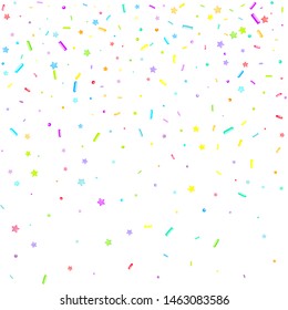 Sprinkles grainy. Cupcake donuts, dessert, sugar, bakery background. Sweet confetti on white chocolate glaze background. Vector Illustration sprinkles holiday designs, party, birthday, invitation.
