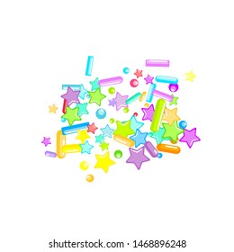 Sprinkles grainy. Cupcake donuts, dessert, sugar, bakery background. Sweet confetti on white chocolate glaze background. Vector Illustration sprinkles holiday designs, party, birthday, invitation.