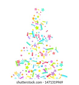 Sprinkles grainy. Cupcake donuts, dessert, sugar, bakery background. Sweet confetti on white chocolate glaze background. Vector Illustration sprinkles holiday designs, party, birthday, invitation.
