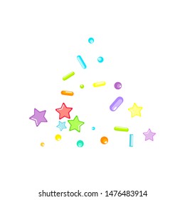 Sprinkles grainy. Cupcake donuts, dessert, sugar, bakery background. Sweet confetti on white chocolate glaze background. Vector Illustration sprinkles holiday designs, party, birthday, invitation.