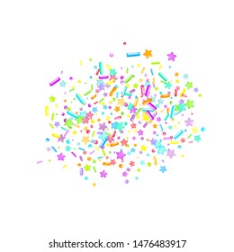 Sprinkles grainy. Cupcake donuts, dessert, sugar, bakery background. Sweet confetti on white chocolate glaze background. Vector Illustration sprinkles holiday designs, party, birthday, invitation.