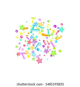 Sprinkles grainy. Cupcake donuts, dessert, sugar, bakery background. Sweet confetti on white chocolate glaze background. Vector Illustration sprinkles holiday designs, party, birthday, invitation.