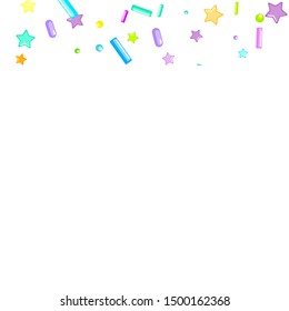 Sprinkles grainy. Cupcake donuts, dessert, sugar, bakery background. Sweet confetti on white chocolate glaze background. Vector Illustration sprinkles holiday designs, party, birthday, invitation.