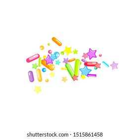 Sprinkles grainy. Cupcake donuts, dessert, sugar, bakery background. Sweet confetti on white chocolate glaze background. Vector Illustration sprinkles holiday designs, party, birthday, invitation.