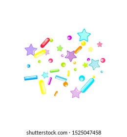 Sprinkles grainy. Cupcake donuts, dessert, sugar, bakery background. Sweet confetti on white chocolate glaze background. Vector Illustration sprinkles holiday designs, party, birthday, invitation.