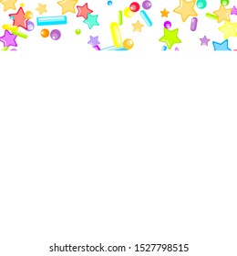 Sprinkles grainy. Cupcake donuts, dessert, sugar, bakery background. Sweet confetti on white chocolate glaze background. Vector Illustration sprinkles holiday designs, party, birthday, invitation.