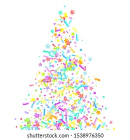 Sprinkles grainy. Cupcake donuts, dessert, sugar, bakery background. Sweet confetti on white chocolate glaze background. Vector Illustration sprinkles holiday designs, party, birthday, invitation.
