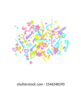 Sprinkles grainy. Cupcake donuts, dessert, sugar, bakery background. Sweet confetti on white chocolate glaze background. Vector Illustration sprinkles holiday designs, party, birthday, invitation.