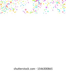 Sprinkles grainy. Cupcake donuts, dessert, sugar, bakery background. Sweet confetti on white chocolate glaze background. Vector Illustration sprinkles holiday designs, party, birthday, invitation.