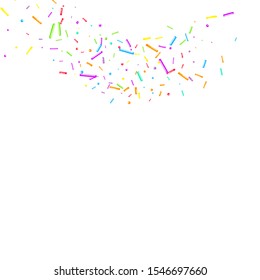Sprinkles grainy. Cupcake donuts, dessert, sugar, bakery background. Sweet confetti on white chocolate glaze background. Vector Illustration sprinkles holiday designs, party, birthday, invitation.