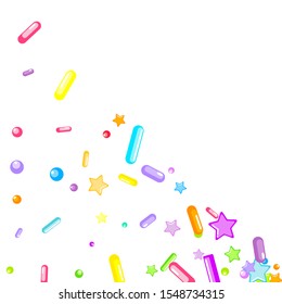 Sprinkles grainy. Cupcake donuts, dessert, sugar, bakery background. Sweet confetti on white chocolate glaze background. Vector Illustration sprinkles holiday designs, party, birthday, invitation.