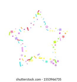 Sprinkles grainy. Cupcake donuts, dessert, sugar, bakery background. Sweet confetti on white chocolate glaze background. Vector Illustration sprinkles holiday designs, party, birthday, invitation.