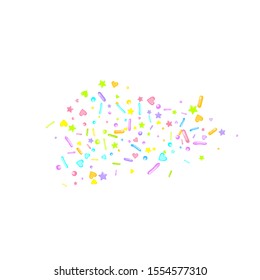 Sprinkles grainy. Cupcake donuts, dessert, sugar, bakery background. Sweet confetti on white chocolate glaze background. Vector Illustration sprinkles holiday designs, party, birthday, invitation.