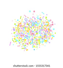 Sprinkles grainy. Cupcake donuts, dessert, sugar, bakery background. Sweet confetti on white chocolate glaze background. Vector Illustration sprinkles holiday designs, party, birthday, invitation.