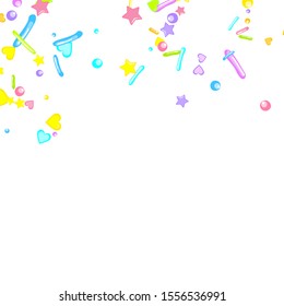 Sprinkles grainy. Cupcake donuts, dessert, sugar, bakery background. Sweet confetti on white chocolate glaze background. Vector Illustration sprinkles holiday designs, party, birthday, invitation.