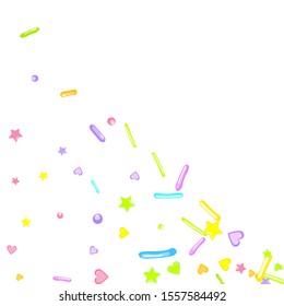 Sprinkles grainy. Cupcake donuts, dessert, sugar, bakery background. Sweet confetti on white chocolate glaze background. Vector Illustration sprinkles holiday designs, party, birthday, invitation.