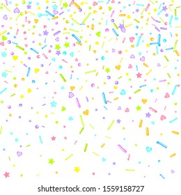 Sprinkles grainy. Cupcake donuts, dessert, sugar, bakery background. Sweet confetti on white chocolate glaze background. Vector Illustration sprinkles holiday designs, party, birthday, invitation.