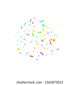 Sprinkles grainy. Cupcake donuts, dessert, sugar, bakery background. Sweet confetti on white chocolate glaze background. Vector Illustration sprinkles holiday designs, party, birthday, invitation.