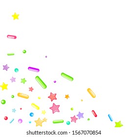 Sprinkles grainy. Cupcake donuts, dessert, sugar, bakery background. Sweet confetti on white chocolate glaze background. Vector Illustration sprinkles holiday designs, party, birthday, invitation.