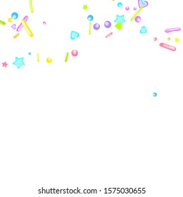 Sprinkles grainy. Cupcake donuts, dessert, sugar, bakery background. Sweet confetti on white chocolate glaze background. Vector Illustration sprinkles holiday designs, party, birthday, invitation.