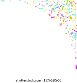 Sprinkles grainy. Cupcake donuts, dessert, sugar, bakery background. Sweet confetti on white chocolate glaze background. Vector Illustration sprinkles holiday designs, party, birthday, invitation.