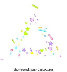 Sprinkles grainy. Cupcake donuts, dessert, sugar, bakery background. Sweet confetti on white chocolate glaze background. Vector Illustration sprinkles holiday designs, party, birthday, invitation.
