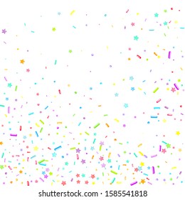 Sprinkles grainy. Cupcake donuts, dessert, sugar, bakery background. Sweet confetti on white chocolate glaze background. Vector Illustration sprinkles holiday designs, party, birthday, invitation.