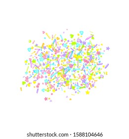 Sprinkles grainy. Cupcake donuts, dessert, sugar, bakery background. Sweet confetti on white chocolate glaze background. Vector Illustration sprinkles holiday designs, party, birthday, invitation.